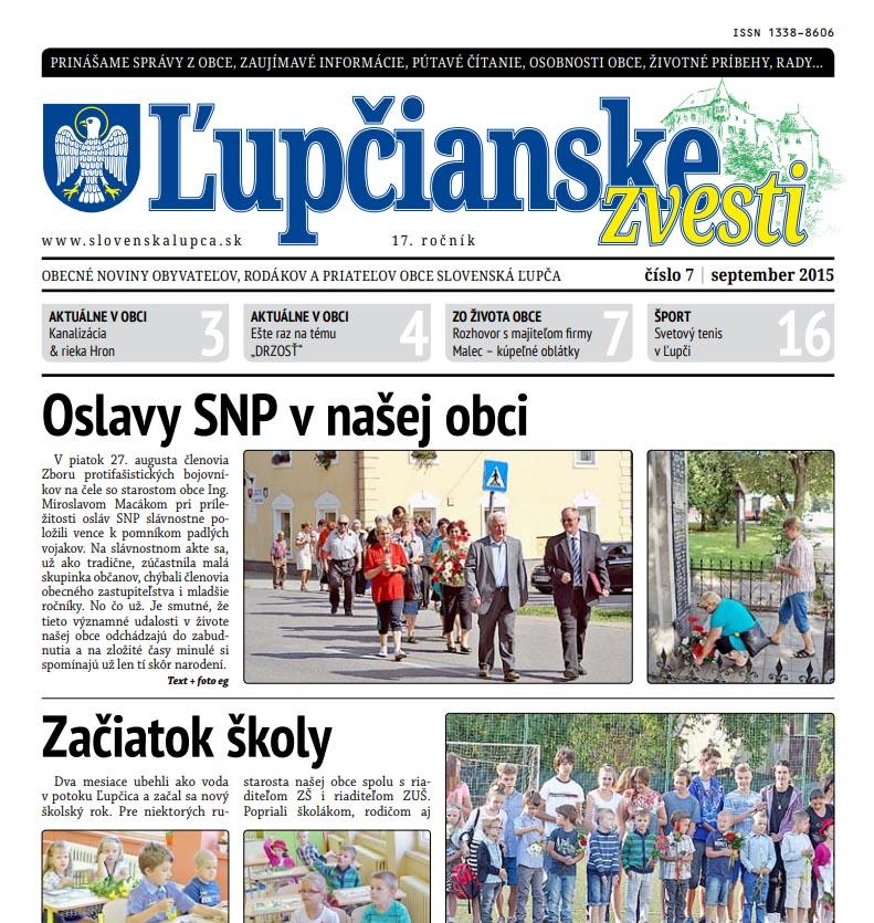 Ľupčianske zvesti 7/2015 za mesiac 9. tlačené 11.09.2015